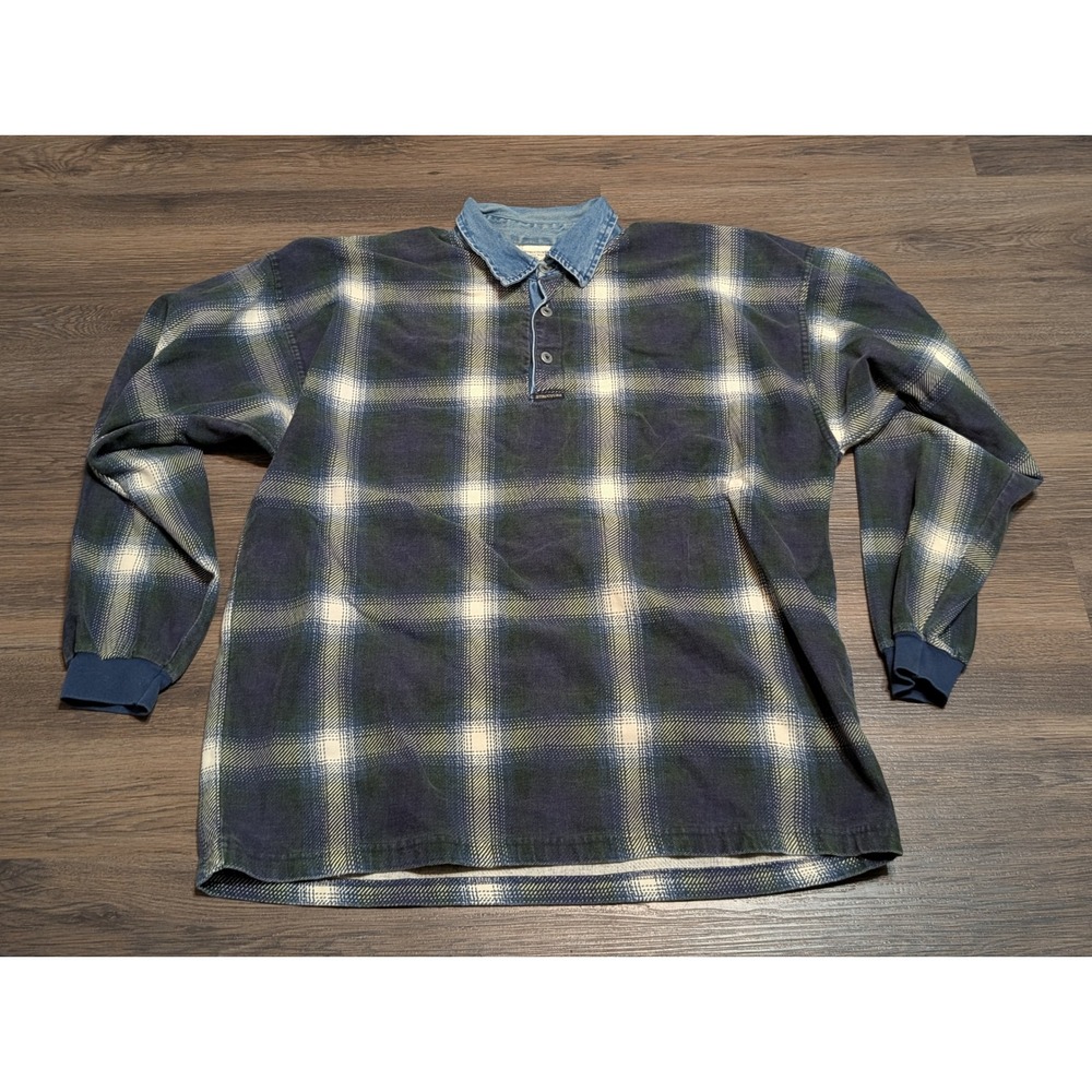 Vintage Structure Active Wear Plaid Rugby Shirt XL‎ Blue Green Denim Collar USA